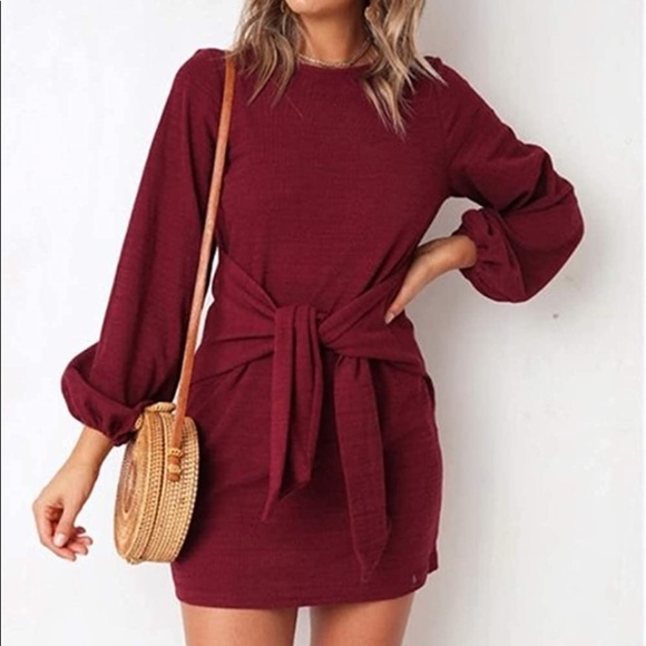 PrettyGarden Dresses & Skirts - PrettyGarden Long Lantern Sleeve Tie Waist Cocktail Dress Wine Red Size S NWT